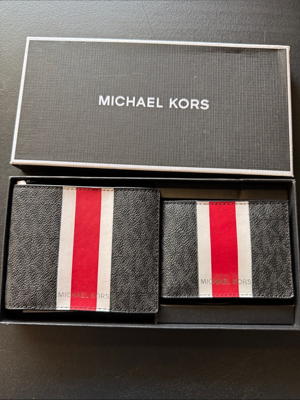Michael Kors Men’s Black Leather Wallet Set with Red & White Stripe